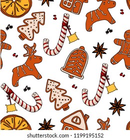 Seamless Christmas pattern with sweets, gingerbread cookies and spices