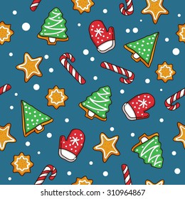 Seamless Christmas pattern with sweets on a light blue background