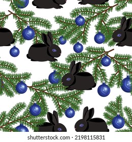 Seamless Christmas pattern with the symbol of 2023 , a black rabbit and a fir branch with blue balls on a white background .Vector pattern can be used in New Year and Christmas designs.