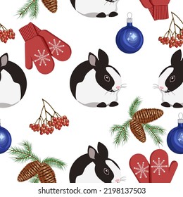 Seamless Christmas pattern with the symbol of 2023 rabbit,mittens,Christmas balls,rowan berries, a cone on a white background.Vector pattern can be used in New Year and Christmas designs.