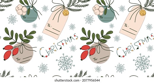 seamless Christmas pattern with tags and snowflakes on a white background for packaging and fabric