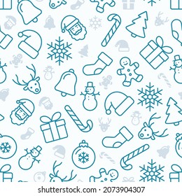 Seamless Christmas pattern of teal outline icons with smaller subtle grey icons