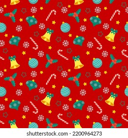 seamless christmas pattern template in cartoon style with christmas candies, gifts, holly leaves and bells. for wrapping paper, textile, themed decor