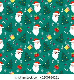 seamless christmas pattern template in cartoon style with christmas candies, gifts, holly leaves and bells. for wrapping paper, textile, themed decor