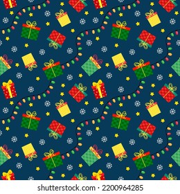 plantilla de patrón de navidad sin fisuras en estilo de caricatura con caramelos de navidad, regalos, hojas y campanas. para envolver papel, textil, decoración temática