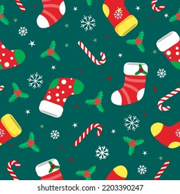 seamless christmas pattern template in cartoon style with christmas candies, gifts, holly leaves and bells. for wrapping paper, textile, themed decor