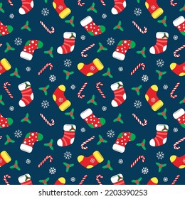 seamless christmas pattern template in cartoon style with christmas candies, gifts, holly leaves and bells. for wrapping paper, textile, themed decor