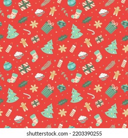 seamless christmas pattern template in cartoon style with christmas candies, gifts, holly leaves and bells. for wrapping paper, textile, themed decor