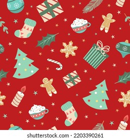 seamless christmas pattern template in cartoon style with christmas candies, gifts, holly leaves and bells. for wrapping paper, textile, themed decor