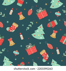 seamless christmas pattern template in cartoon style with christmas candies, gifts, holly leaves and bells. for wrapping paper, textile, themed decor