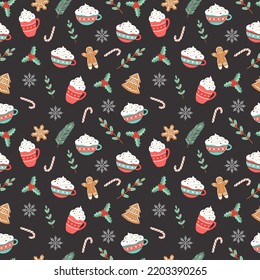 plantilla de patrón de navidad sin fisuras en estilo de caricatura con caramelos de navidad, regalos, hojas y campanas. para envolver papel, textil, decoración temática