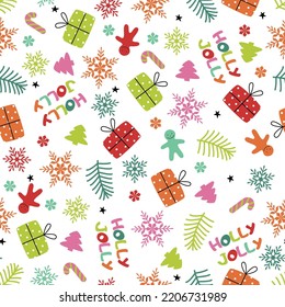 Seamless christmas pattern template in cartoon style with christmas tree, gifts, snowflakes, candy cane and stars. Can be use for wrapping paper, textile, themed decor