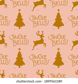 Seamless Christmas pattern with text, Jingle Bells! Reindeer and pine trees illustration. Winter wallpaper design. Seasonal background in pink and gold. Fun xmas concept, holiday greetings.