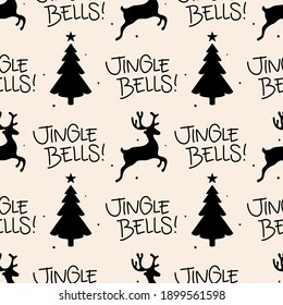 Seamless Christmas pattern with text, Jingle Bells! Reindeer and pine trees illustration. Seasonal background in black and white. Fun xmas concept, holiday greetings. Winter wallpaper design.