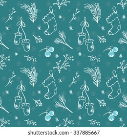 Seamless Christmas pattern. Tile vector background. Botanical winter wallpaper with mittens and socks. Blue wrapping paper texture
