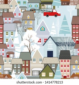 Seamless Christmas pattern in the town with fairy tale houses and car with tree, Pattern City on holiday eve,Cute winter landscape city life in flat design for wrapping, wall paper,fabric and textile.