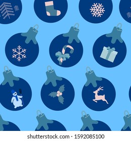 Seamless Christmas pattern with Christmas toys on a blue background. Vector New Year's illustration in a flat style. For decorating holiday gifts.