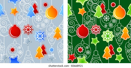 Seamless Christmas pattern with traditional decorations. Two variants of color