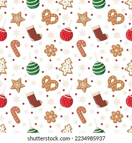 Seamless Christmas pattern with traditional homemade cookies and Christmas decorations.