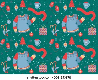 Patrón de Navidad sin inconvenientes con el árbol de Navidad, las bolas de Navidad, el holly, caja de regalo, mitones, suéter y una taza de té. plantilla de papel de ajuste. ilustración vectorial aislada en fondo verde