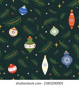 Seamless Christmas pattern with Christmas tree branch and vintage toys