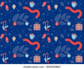 Nahtloses Weihnachtsmuster mit Weihnachtsbaumästen, Weihnachtsbällen, Heiligen, Geschenkbox, Fingern und einer Tasse Tee. Papiervorlage zum Verpacken. Vektorgrafik einzeln auf blauem Hintergrund