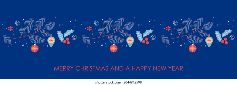 Seamless Christmas pattern with Christmas tree branches, Christmas balls and holly. wrapping paper template. vector illustration isolated. Xmas