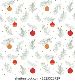Seamless Christmas pattern. Tree branches with Christmas balls. Seamless Christmas pattern with hand drawn decoration elements. Perfect for wrapping paper, greeting cards, invitations, etc. EPS10