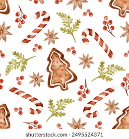 Seamless Christmas pattern with tree, candies, berries and Xmas elements. Vector