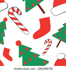 seamless christmas pattern with christmas tree, candy, santa's red hat and shoes, without background