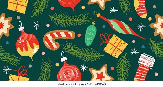 Seamless Christmas pattern. The Christmas tree is decorated with vintage toys. Vector illustration.