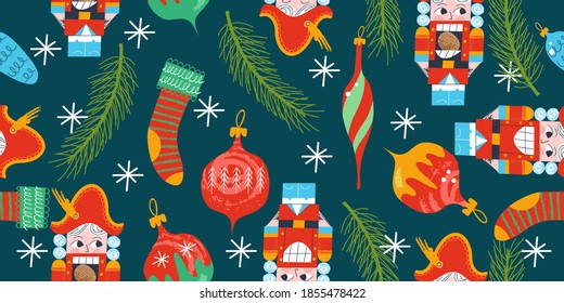 Seamless Christmas pattern. The Christmas tree is decorated with vintage toys. Vector illustration.