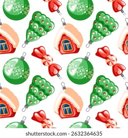 Patrón de Navidades sin costuras con juguetes de decoración de árboles en estilo de dibujos animados. Casa, árbol, caramelo, pelota. Ideal para Navidades textiles, Anuncio, papel de embalaje y Fondo de pantalla.