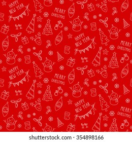 Seamless Christmas pattern with tree, deer, socks, gift, snowman and Santa Claus. Vector illustration.