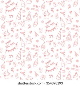 Seamless Christmas pattern with tree, deer, socks, gift, snowman and Santa Claus. Vector illustration.
