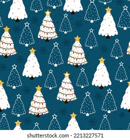 Seamless christmas pattern with christmas tree in different styles on blue background for wrapping paper or textile print, winter wallpaper for kids