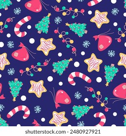 Seamless Christmas pattern with Christmas tree, garland, santa's bag, cookie, candy cane and snowflakes. Dark blue background. In hand draw style.