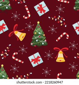 Seamless Christmas pattern with tree, gift boxes, candy-cane and snow flakes on red background in cartoon style. Holiday greeting design. For textile, wrapping paper, backgrounds, packaging.  