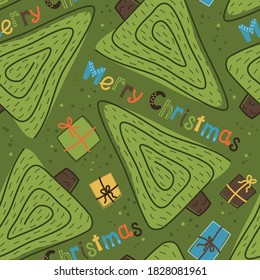Seamless Christmas pattern with Christmas tree and gifts. Winter Vector background for fabric, textile, wallpaper, posters, gift wrapping and paper, napkins. Print for kids