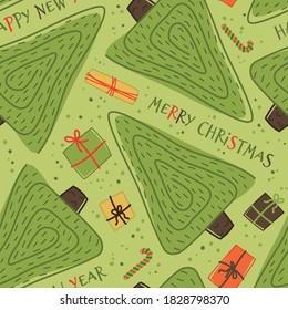 Seamless Christmas pattern with Christmas tree and gifts. Winter Vector background for fabric, textile, wallpaper, posters, gift wrapping and paper, napkins. Print for kids