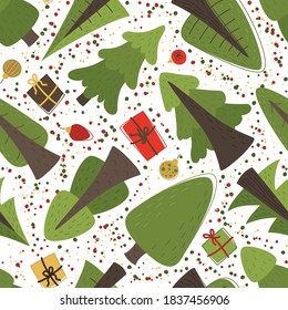 Seamless Christmas pattern with Christmas tree and gifts. Winter Vector background for fabric, textile, wallpaper, posters, gift wrapping and paper, napkins. Print for kids