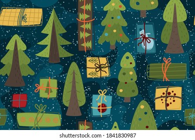 Seamless Christmas pattern with Christmas tree and gifts. Winter Vector background for fabric, textile, wallpaper, posters, gift wrapping and paper, napkins. Print for kids