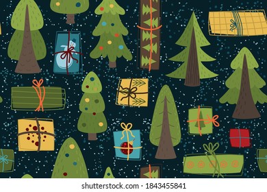 Seamless Christmas pattern with Christmas tree and gifts. Winter Vector background for fabric, textile, wallpaper, posters, gift wrapping and paper, napkins. Print for kids