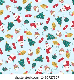 Seamless Christmas pattern with Christmas tree, gifts, snowman, Christmas decorations, and muffin. Stock vector illustration. Vector winter vacation repeat design.