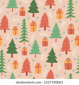 Seamless Christmas pattern with tree, gifts, fir branches. Vector