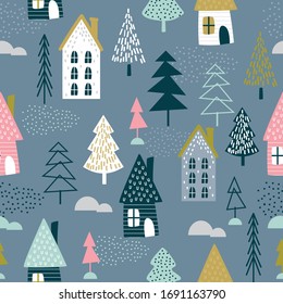 Seamless Christmas pattern with Christmas tree and house design vector illustration