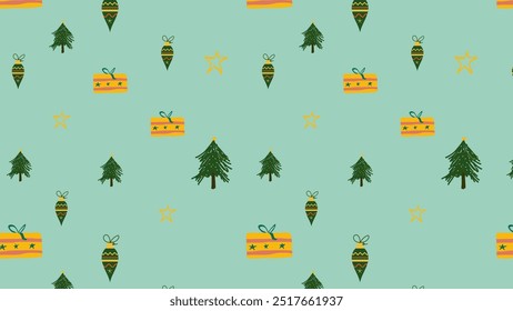 Patrón inconsútil de la Navidad con los ornamentos del árbol y de la lámpara, Ilustración vectorial.