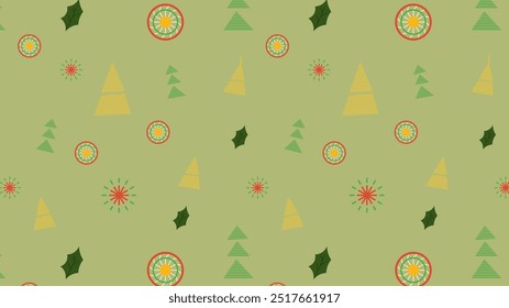 Patrón inconsútil de la Navidad con el árbol, las hojas, y los ornamentos del círculo, Ilustración vectorial