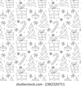 Seamless Christmas pattern. Christmas tree, lollipop, gift box with bow, Christmas toy. Christmas design of paper, fabrics, textiles, wallpaper. Vector illustration, doodle