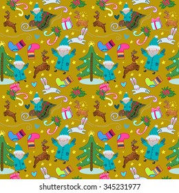 Seamless Christmas pattern with Christmas tree, santa, gifts, candy, rabbit, snowflake, stars and hearts